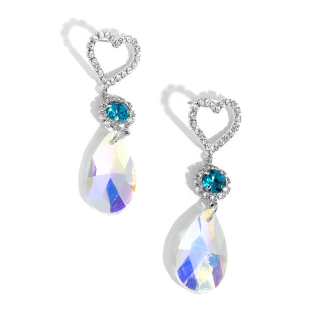 Paparazzi Silver Heart Earrings with Blue and Iridescent Accents